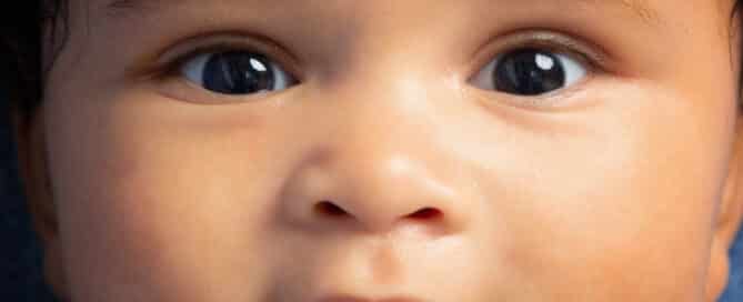 a close up of a baby looking directly into the camera
