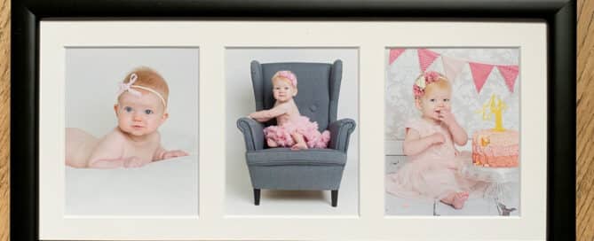 a baby photography club finished frame with three photos of baby Ava