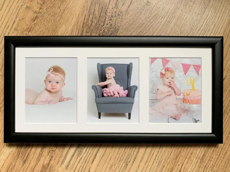 a baby photography club finished frame with three photos of baby Ava