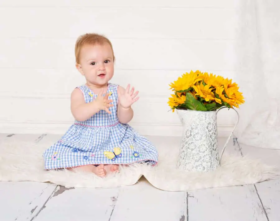 a baby girl in a blue gingham dress next to a vase of sunflowers