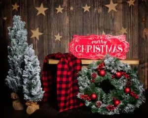 a dark wood, fir and country styled Christmas photo shoot set