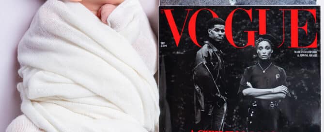 a newborn baby and an issue of Vogue magaazine