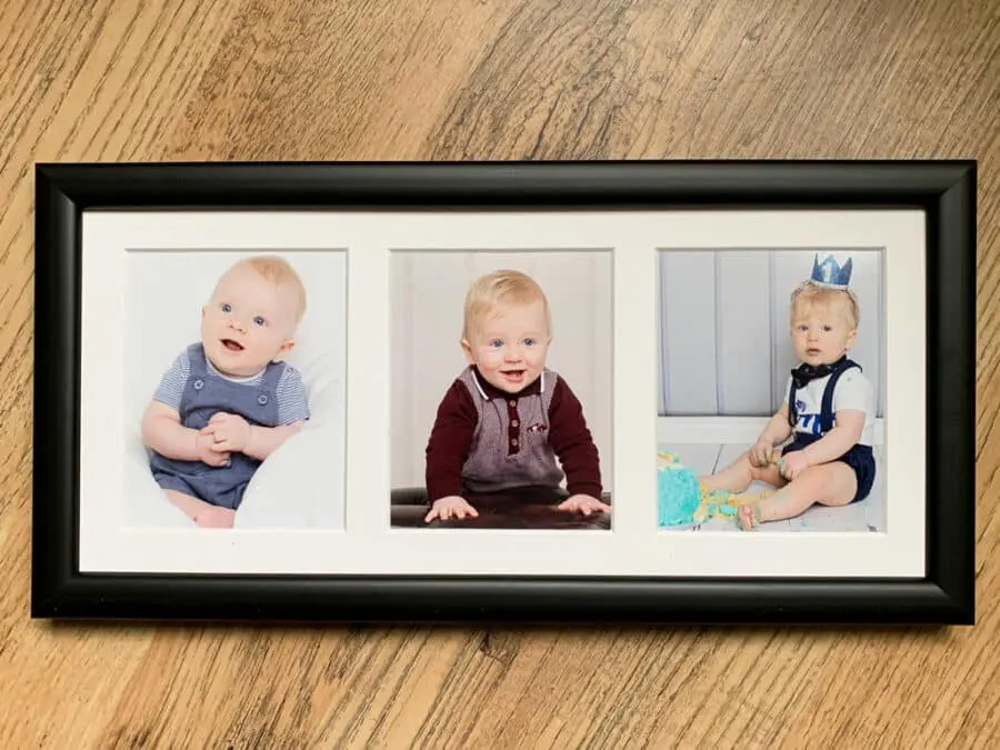 a baby photography frame with three photos of a baby boy