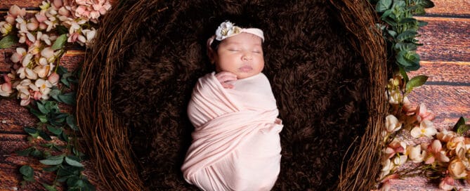 anewborn baby in a peach swaddled in my nest prop with peach flowers around her