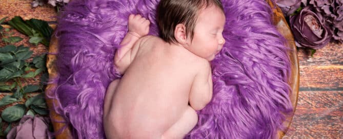 a newborn in my wooden bowl prop with lilac accessories