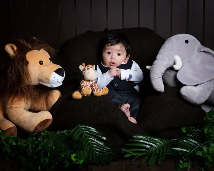 Baby Photography East Grinstead West Sussex a little boy sits with some jungle themed soft toys at a professional photo shoot