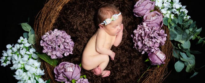 a little girl in a headband sleeping in a nest with purple flowers