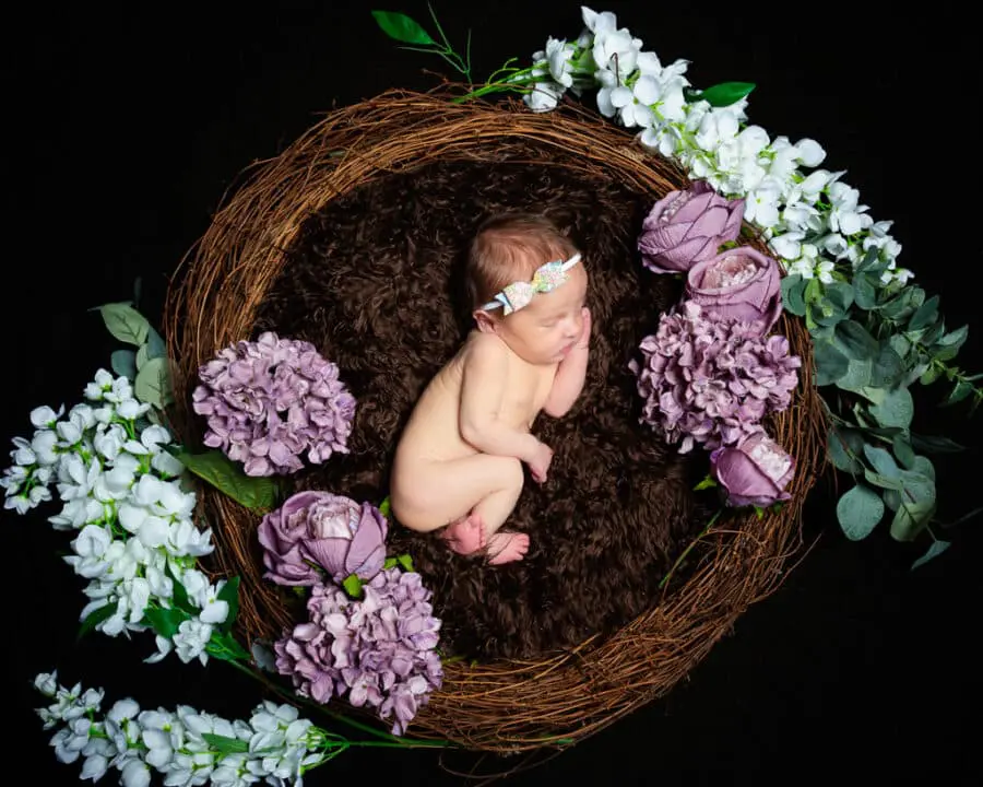 a little girl in a headband sleeping in a nest with purple flowers