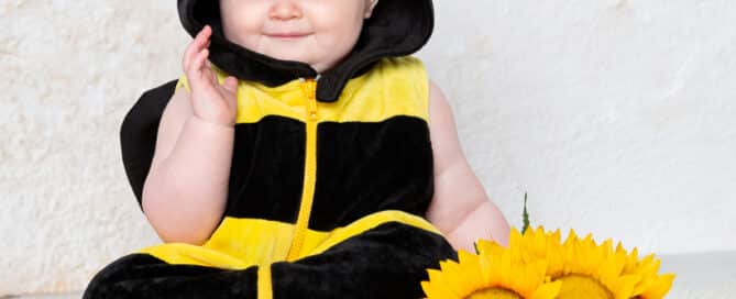a baby dressed as a bumble bee poses with some sunflowers