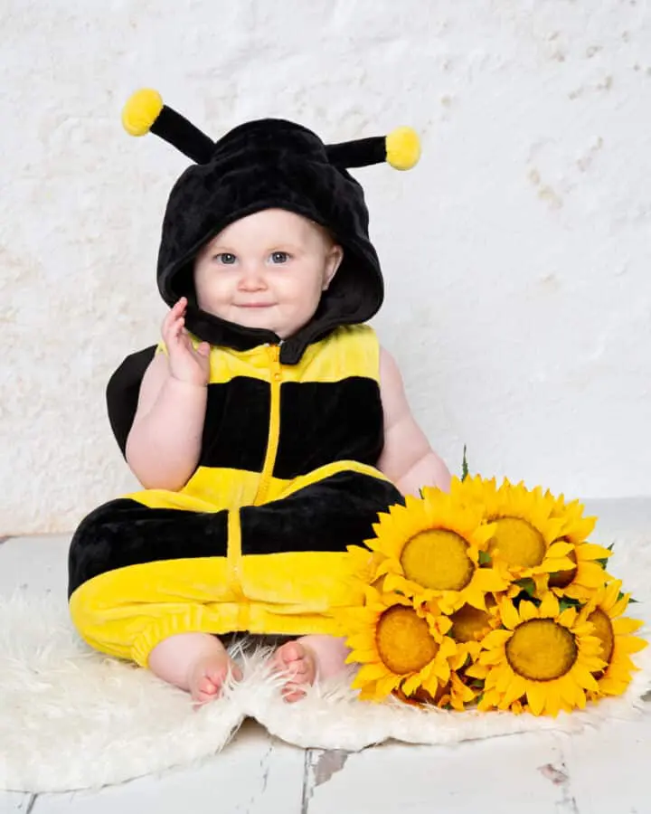 a baby dressed as a bumble bee poses with some sunflowers