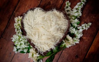 wooden heart bowl studio prop styled with white