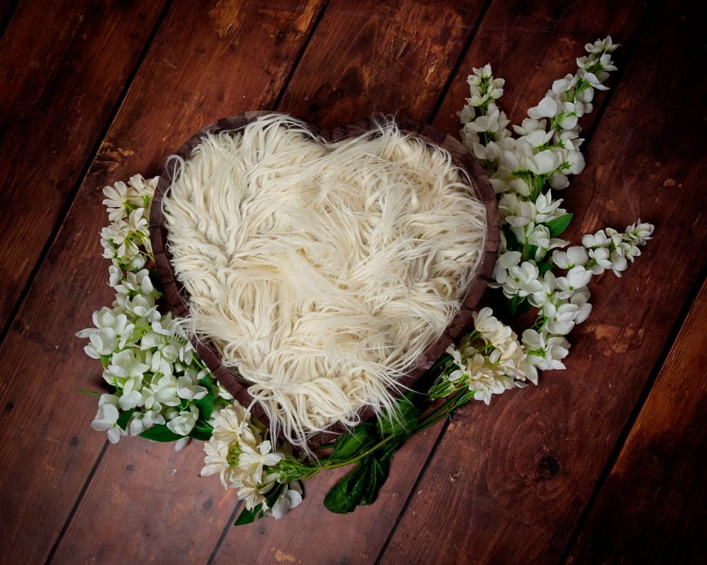 wooden heart bowl studio prop styled with white