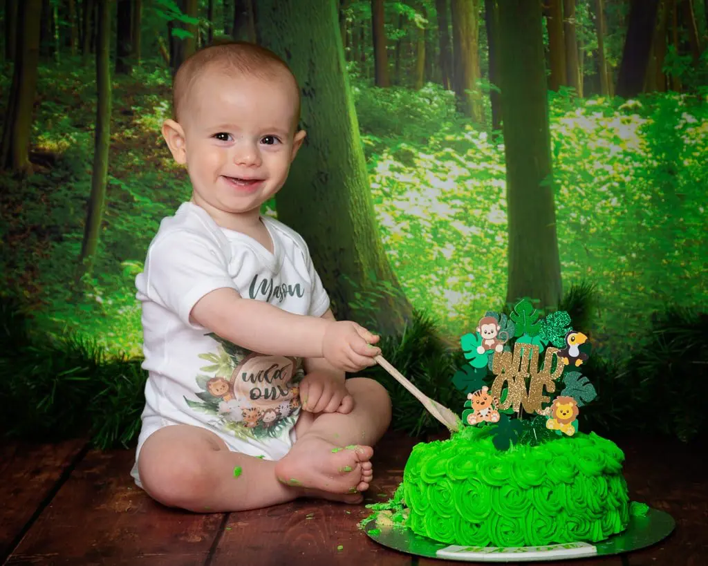 a little boy with a bright green cake sits in front of a woodland backdrop