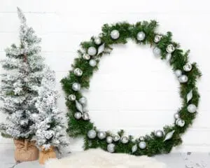 a green and white themed christmas set featuring a giant christmas wreath