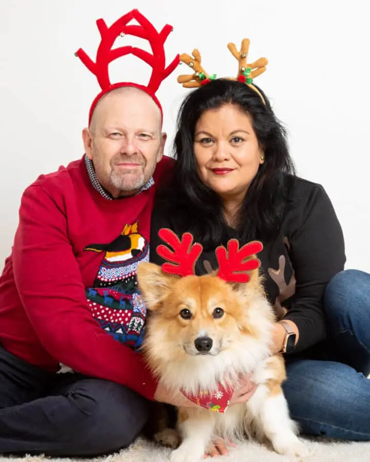 a couple pose with their corgi dog all wearing reindeer antlers