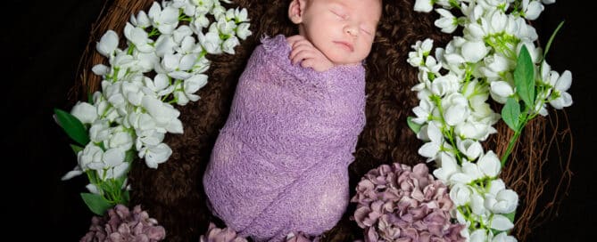 a newborn baby swaddled in lavender sleeping with flowers in a nest prop