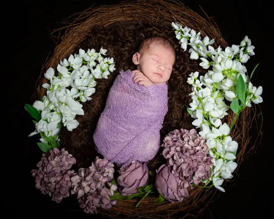a newborn baby swaddled in lavender sleeping with flowers in a nest prop