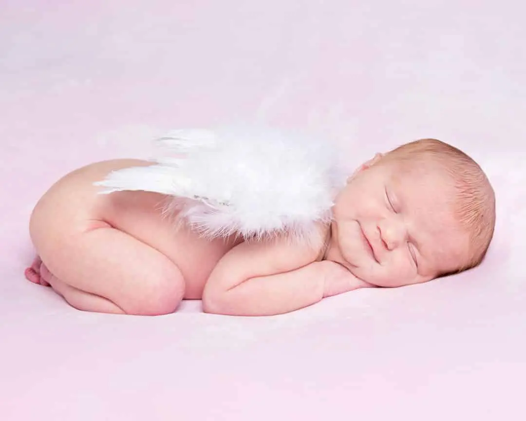 a newborn wearing feather angel wings on a pink blanket