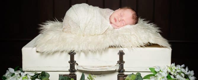 a newborn sleeping on a vintage suitcase with trailing florals