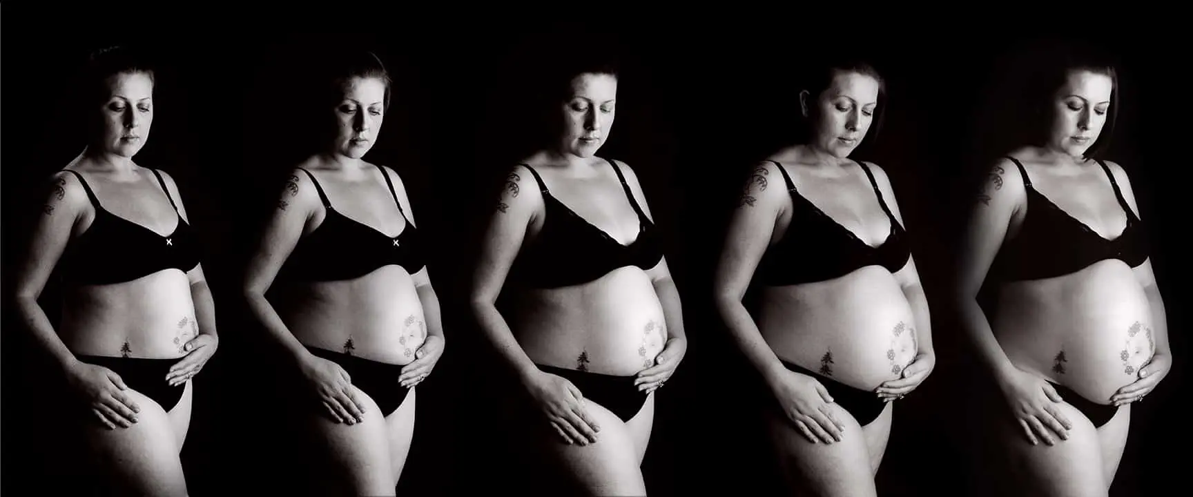 a series of pictures of the same pregnant woman as her bump grows over time