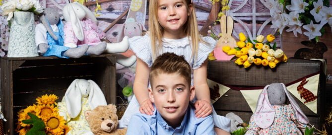 two children pose at an Easter themed photo shoot at my studio