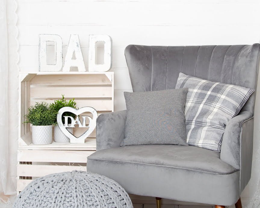 My Father's Day themed photo shoot with a grey armchair