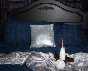 a silver and navy themed bed set for my christmas mini photo shoots