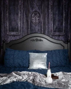 bed set themed for christmas in shades of navy and silver
