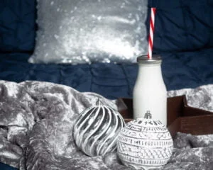 a navy and silver bed themed christmas photo shoot set