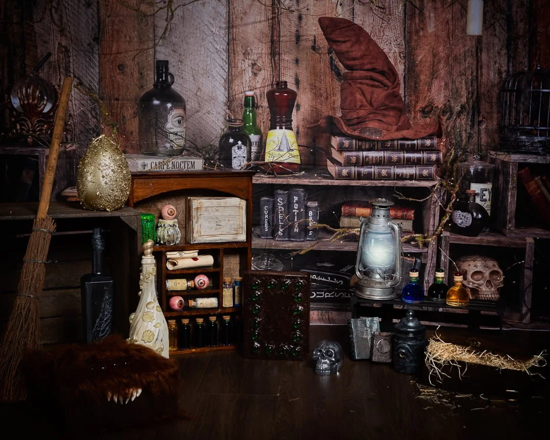 My Wizard's Laboratory Halloween themed photo shoot set with spooky items