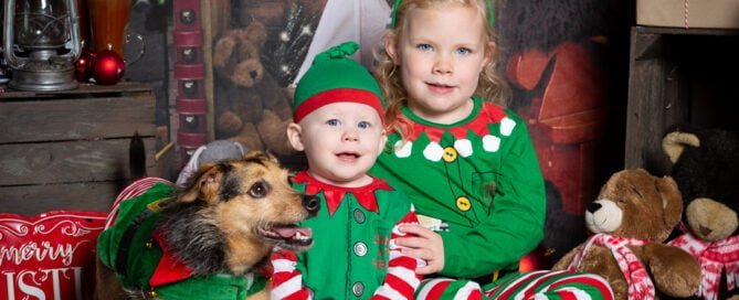 a boy, a girl and a dog all wear matching elf costumes at a christmas photo shoot