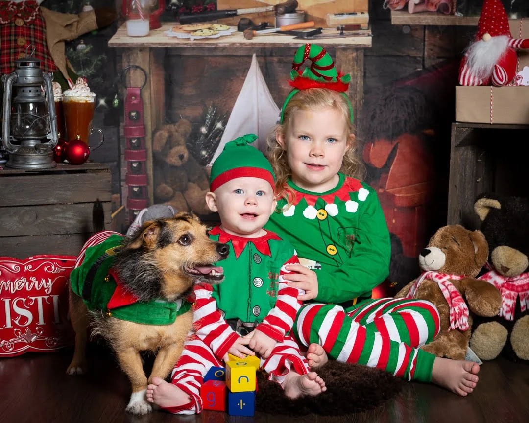 a boy, a girl and a dog all wear matching elf costumes at a christmas photo shoot