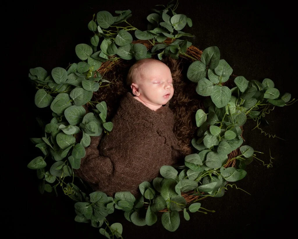 a baby swaddled in brown sleeps in a nest of green foliage