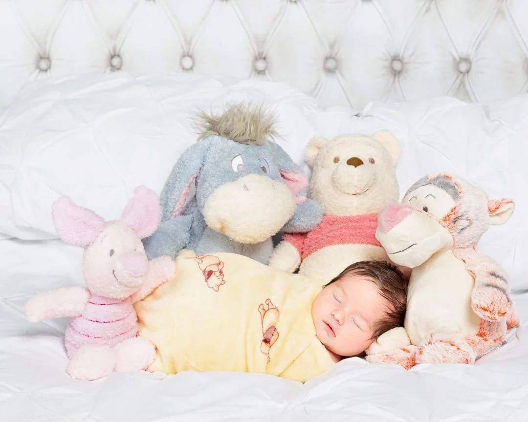 a newborn and a a host of Winnie the Pooh stuffed toys