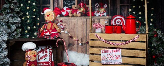 a christmas themed photo shoot set with a hot cocoa stand