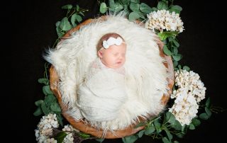 a sleeping newborn in my wooden bowl prop with white hydrangeas