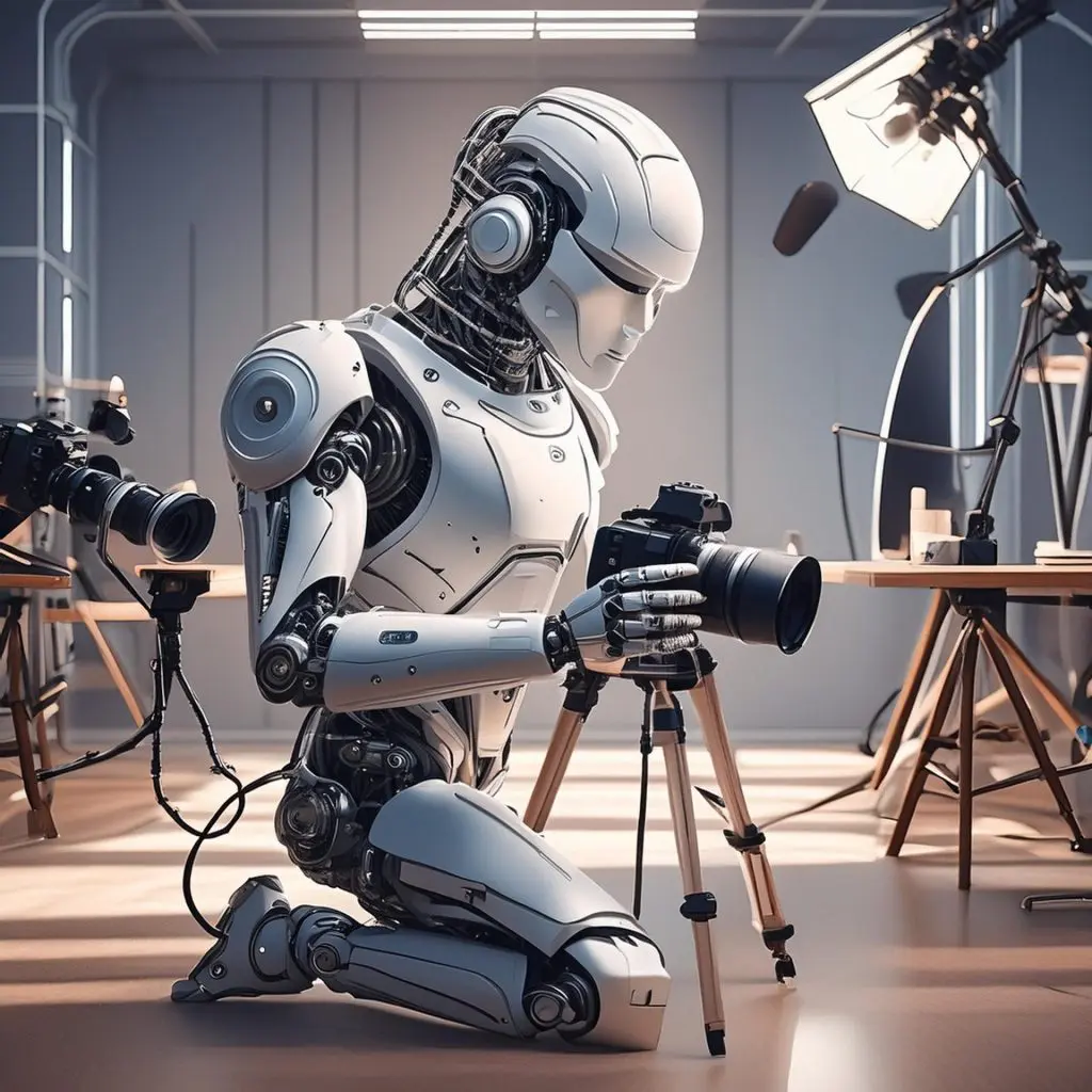 Studio Photography & AI A robot operating a camera in photo shoot - generated by AI