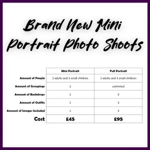 a chart that shows the difference between mini and full portrait sessions