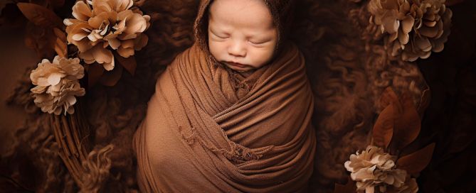 a swaddled newborn wrapped in brown wearing a matching bonnet sleeps soundly among flowers and blankets