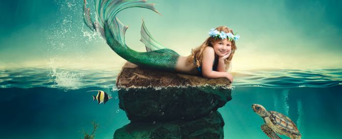 a little girl rests her head on her hands at a digital mermaid portrait photo shoot