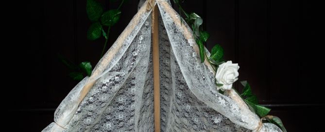 a newborn swaddled in white sleeping in a white miniature lace tent with white roses around her
