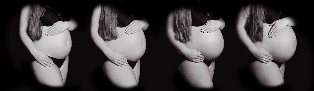 A sequence of maternity photos of a pregnant lady moving through the stages of her pregnancy with her bump getting bigger in each image