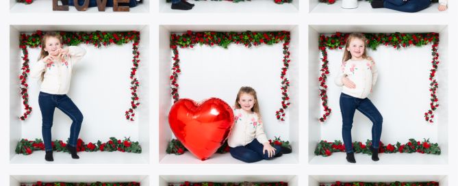 an in the box photo shoot featuring a little girl and some love hearts