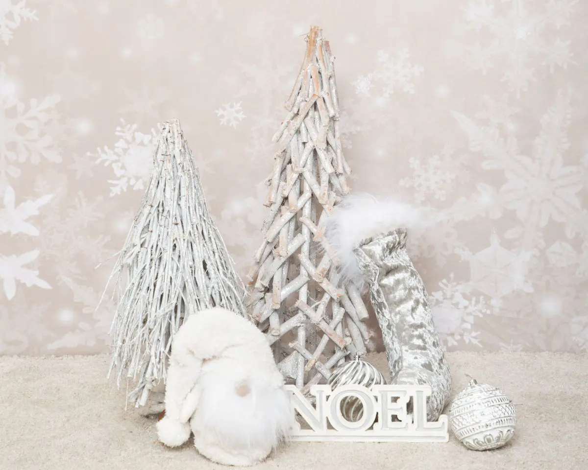 a festive prop set with silver trees and white decorations