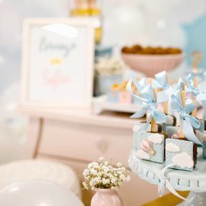 pictures of a baby shower with gifts and favours