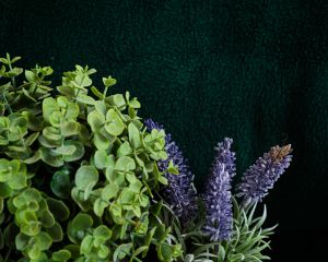 a deep green blanket accessorised with lavender