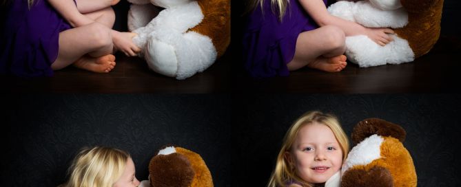 a collage of four images of a little girl playing with her favourite teddy