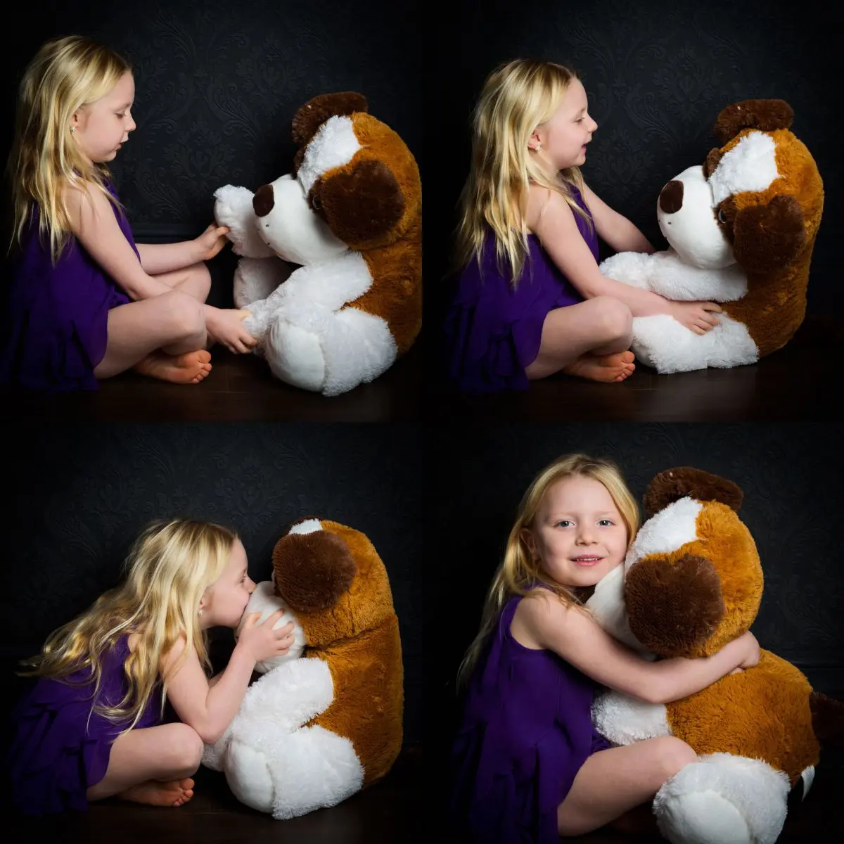 a collage of four images of a little girl playing with her favourite teddy