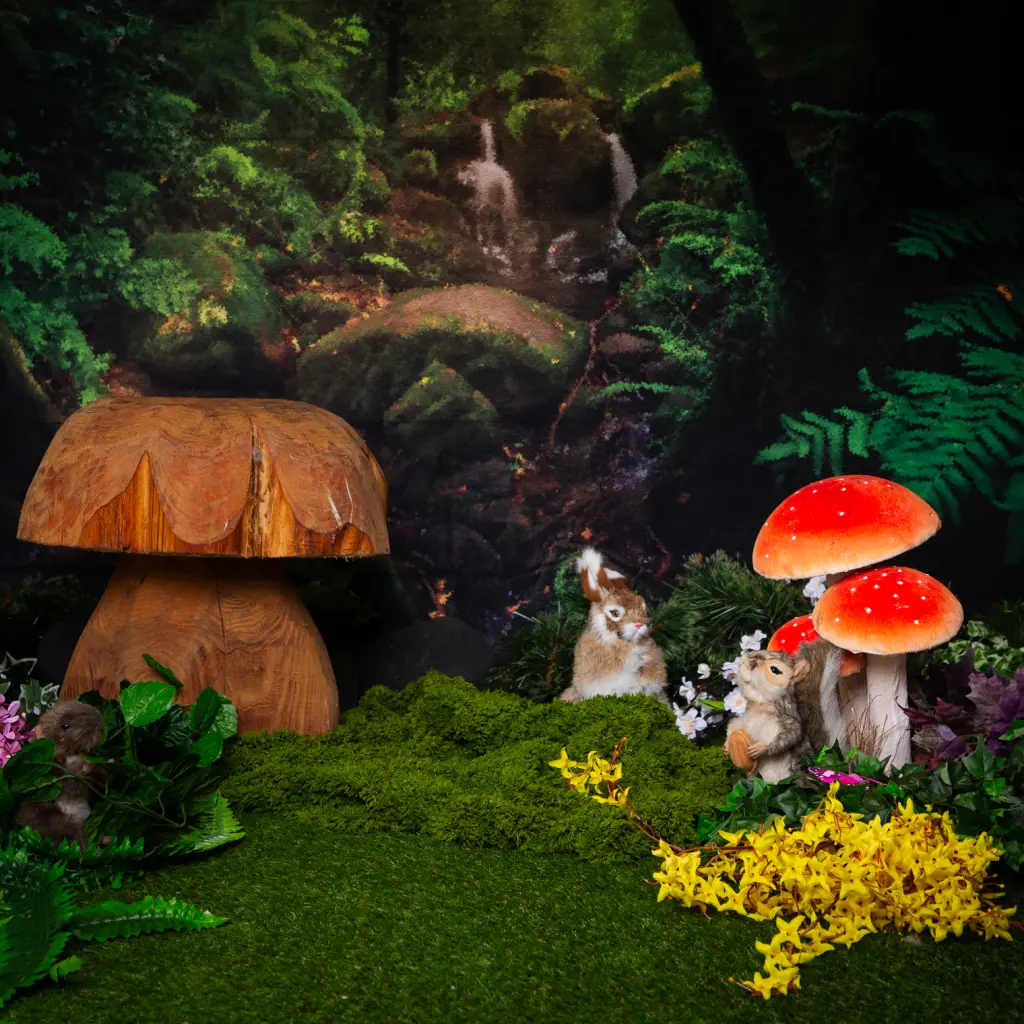 A woodland themed studio backdrop with toadstools and grass