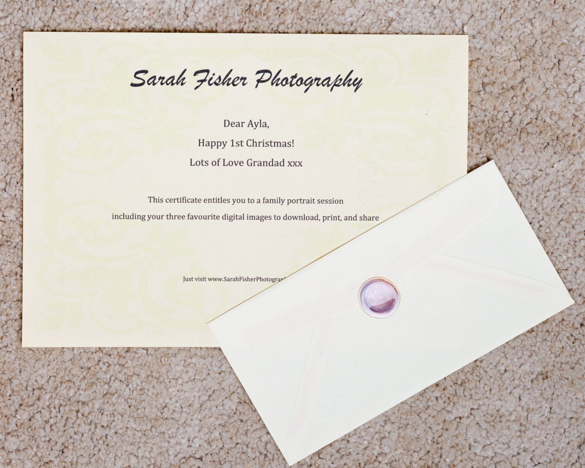 a voucher for a photo shoot with Sarah Fisher Photography in Sussex